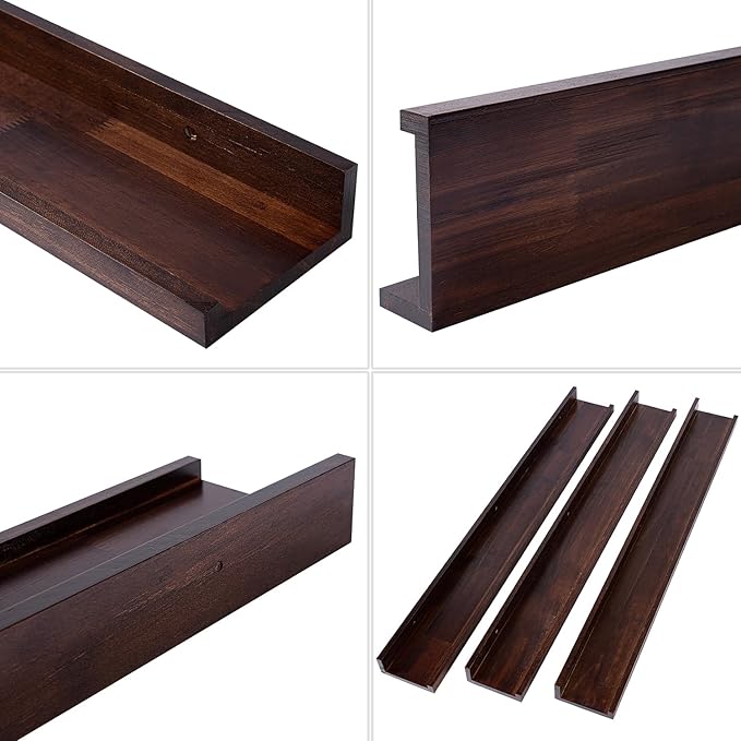AZSKY Walnut Floating Shelves 24 Inch Picture Ledge Shelf for Wall Photo Shelves with Lip for Pictures Nursery Room Bookshelf Wood Wall Shelves Set of 3 for Bedroom Living Room Bathroom Kitchen