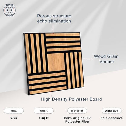 WoveN SounD Artisan Acoustic Wall Panels, 16 Pack 12x12 Inch, Wood Veneer Carved Sound Proof Wall Decor, Self-Adhesive for Home, Studio, Office & Focus Zones, Metre, Natural Oak