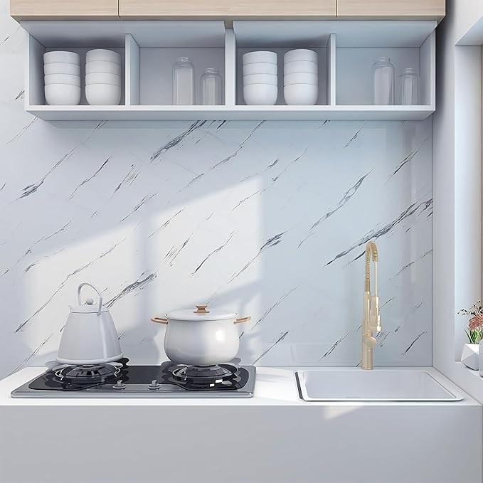 Glossy Marble Contact Paper White Peel and Stick Wallpaper Marble Wallpaper Self-Adhesive Removable 23.6