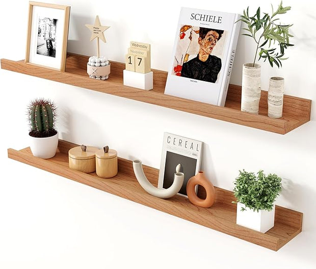 Axeman Cherry Picture Ledge Shelf, 36 Inch Floating Shelves Set of 2, Solid Wood Wall Shelves with Lip, Wall Decor Storage for Bedroom Living Room Bathroom Kitchen Nursery Photo, Natural Cherry