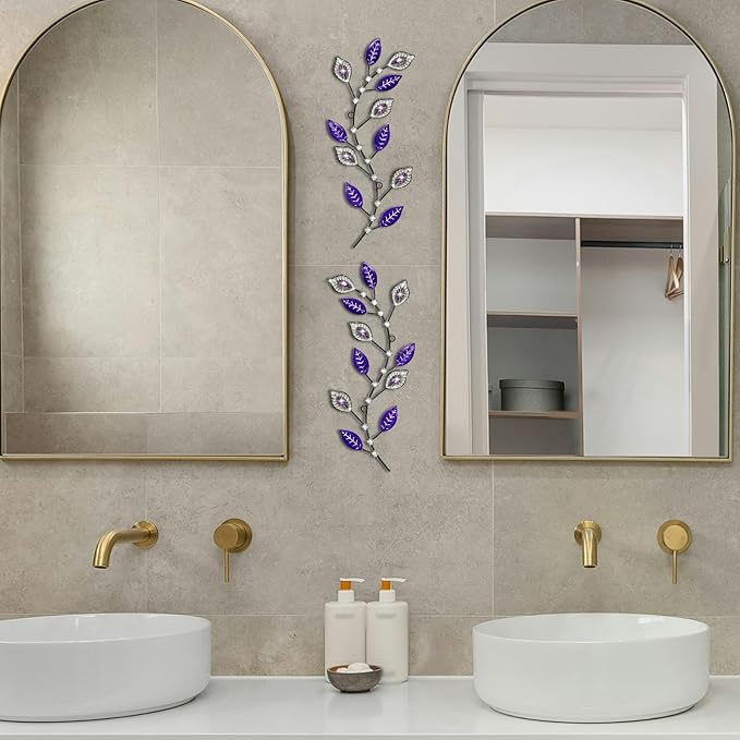 sxnzequnze 2 Pcs Metal Leaf Wall Art Crystal Bling Decorations Silver Leaves 3D Iron Handmade Home Decor Hanging Minimalist Accents Modern Set for Living Room Bathroom Bedroom Dining Room Hallway