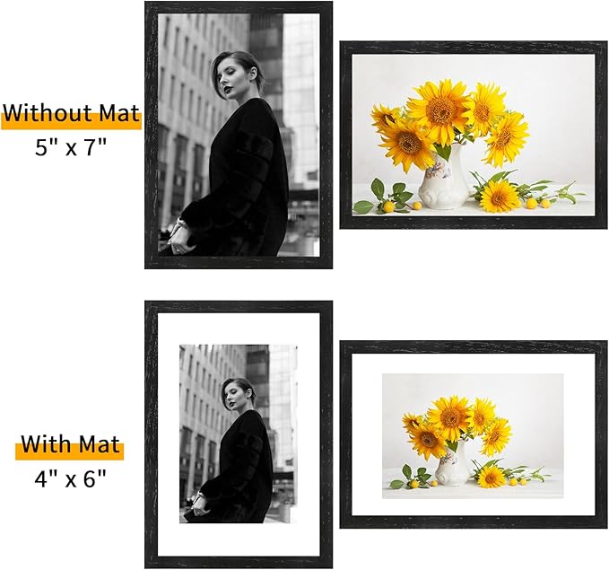 puthiac 5x7 Solid Oak Wood Picture Frame, Fits 4x6 with Mat or 5x7 Without Mat, Wall or Tabletop Display with Stand, Vertical or Horizontal, Plexi Front, 3 Pack, Black