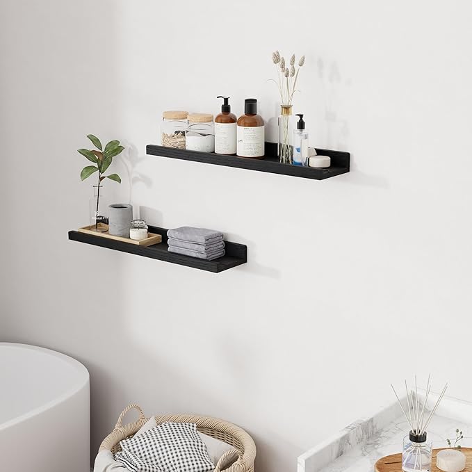 RICHFOCUS Floating Shelves for Wall, 24 inch Solid Wood Picture Ledge Shelf for Wall Storage, Nursery Book Shelves with Lip for Living Room Bathroom Bedroom Kitchen, Set of 2, Distressed Black