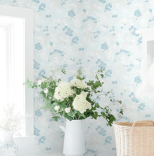 Dimoon 78.7"x17.3" Blue Wallpaper Floral Contact Paper Peel and Stick Wallpaper White Vintage French Country Renter Friendly Bathroom Boho Flower Removable Wall Paper Kitchen Self Adhesive Vinyl