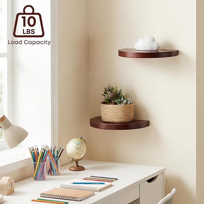 Small Wood Floating Shelves (4-Pack, 8-inch Diameter) - Round Sturdy Invisible Wall Mount Display for Small Plants,Toys,Bathroom,Living Room Storage & Modern Rustic Décor (Dark Walnut)