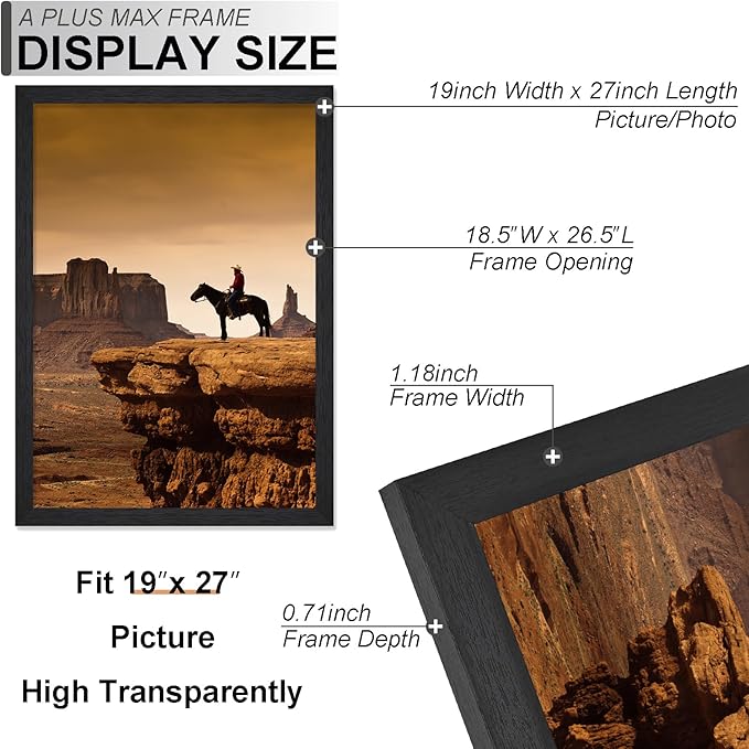 A PLUS MAX 19x27 Frame Set of 2, Black Engineered Wood Picture Frame for 19 x 27 Inch Poster Puzzle Photo, Light Weight 19 by 27 Poster Frame with Wood-grain for Wall - 2 Pack/Black/19 x27