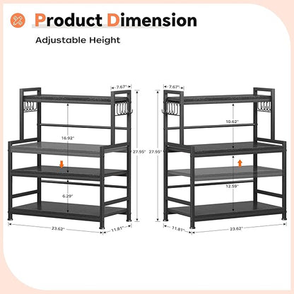 23.6"W Large Kitchen Countertop Organizer, 3 Tier Spice Rack Organizer with Adjustable Shelf and 10 Hooks, Wooden Counter Organizer, Countertop Shelf Microwave Stand for Kitchen, Coffee Bar, Black