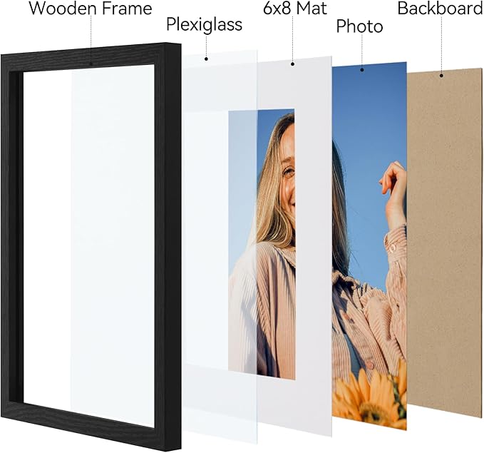 Vittanly 8.5x11 Picture Frames Set of 4, Display Pictures 6x8 with Mat or 8.5x11 without Mat, Gallery Wall Frame Set for Wall Mounting, Engineered Wood with Shatter Resistant Plexiglass, Black