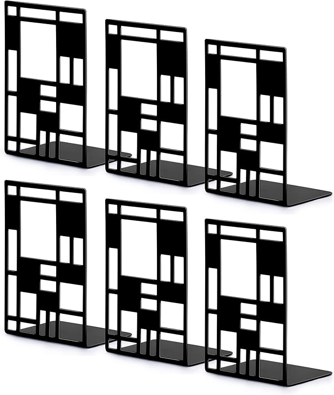 Book Ends, Bookends, Book Ends for Shelves, Bookends for Heavy Books, Book Divider Decorative Holder, Metal Heavy Duty Bookend Black 3 Pair, Abstract Art Desgin Book Stopper Supports for Office, Home