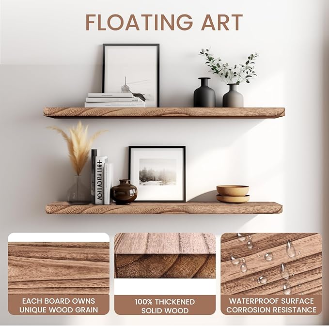Floating Shelves 24 Inches Long, Set of 2 Solid Rustic Wood Wall Mounted Shelves, Wall Picture Ledge Shelf with Invisible Metal Brackets for Living Room, Bedroom, Bathroom, Carbonized Black