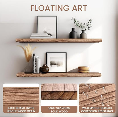 Floating Shelves 24 Inches Long, Set of 2 Solid Rustic Wood Wall Mounted Shelves, Wall Picture Ledge Shelf with Invisible Metal Brackets for Living Room, Bedroom, Bathroom, Carbonized Black