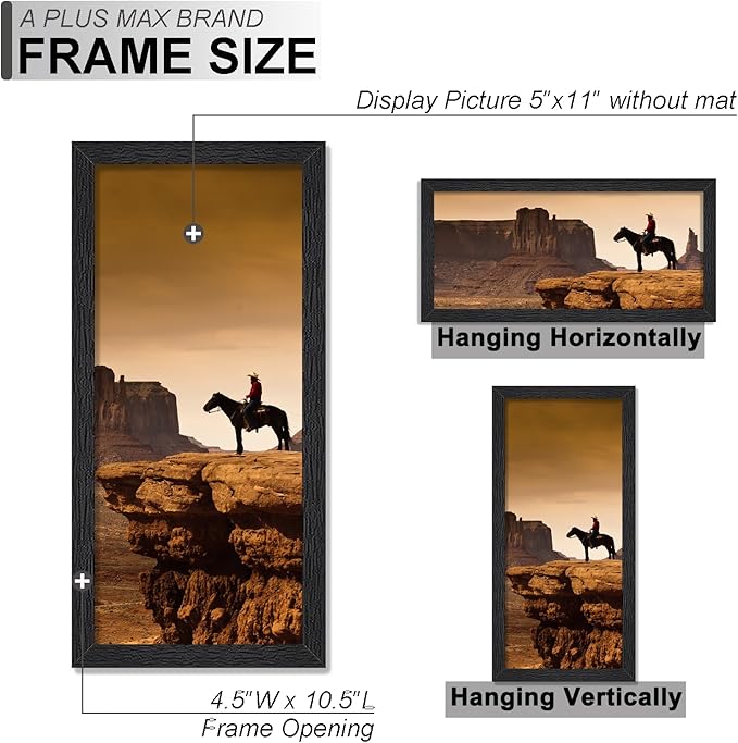 A PLUS MAX 5x11 Picture Frame Set of 6, Black Engineered Wood Frame for 5 x 11 Inch Picture Poster Photo, Light Weight 5 by 11 Frame with Wood-grain for Wall - 6 Pack/Black/5"x11"