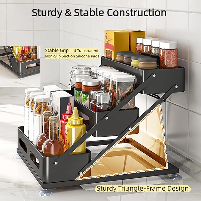 Bokelai Spice Rack for Countertop 3 Tier Foldable Seasoning Organizer Jars Storage Holder Step Shelf for Cabinet Kitchen Black