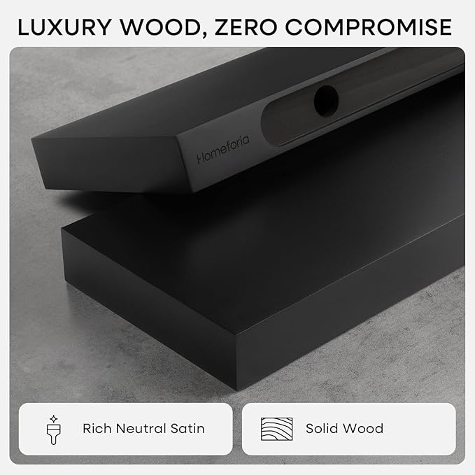 Homeforia Black Floating Shelf 20 inch, High End Solid Real Wood 20inch Bathroom Floating Shelves for Wall Mounted, Black Wooden 20in Floating Shelves, Heavy Duty Bracket, 20 X 6.5 X 1.75 in, Set of 2