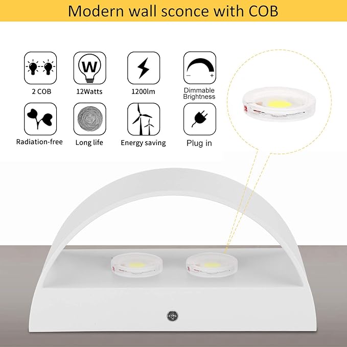 Lightess Plug in Wall Sconces 12W Modern LED Wall Light Dimmable Indoor Up Down Wall Lamp for Bedroom Living Room Hallway Staircase, Warm White