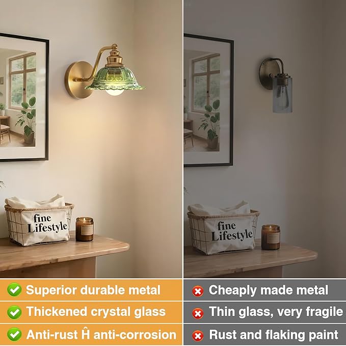 Redluck Battery Operated Wall Sconce with Remote Control, Vintage Green Glass Wireless Wall sconces Set of Two, Rechargeable Battery Powered Wall Lamp for Bedside Bedroom Living Room Hallway Decor
