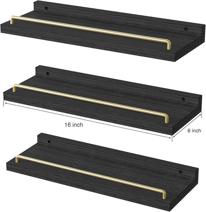 Floating Shelves for Wall Decor, Black and Gold Shelves for Bathroom, Living Room, Bedroom, Picture Frames, Plants, Kitchen (Set of 3)