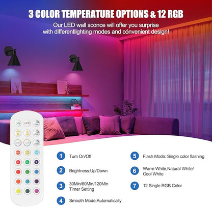 Modern Wireless Battery Operated Wall Sconces, Black Rechargeable Cordless LED Wall Lights Set of Two, Dimmable Battery Powered Wall Decor Lamp Fixture with Remote Control for Bedroom Indoor