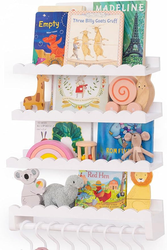 Nursery Book Shelves, Scalloped Shelves, 4-Pack White Set with 1 Hanging Rod and 8 S-Hooks for Kids’ Rooms and Baby décor