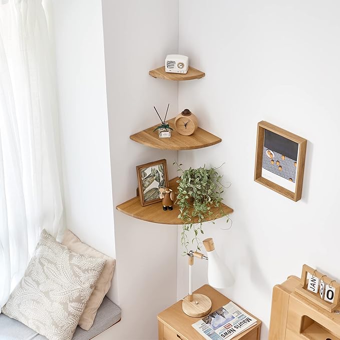 Corner Shelf Wall Mount, 7inch Oak Wood Floating Corner Shelf Round End Small Corner Nightstand Plant Shelf Wall Mount for Kitchen, Living Room, Bedroom