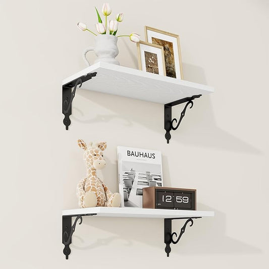 RICHFOCUS Floating Shelves for Wall Decor, 8 Inch Deep Shelves Set of 2, 16W x 8D Floating Shelves Wall Mounted with Metal Brackets, Rustic Wood Shelves for Living Room Bedroom Kitchen, White