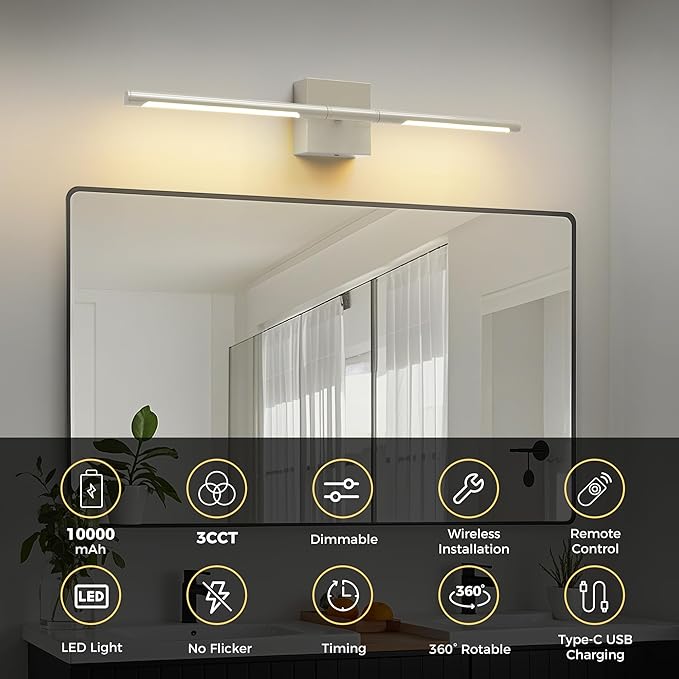 L LOHAS LED Battery Operated Wall Sconces Set of 2, Battery Wall Sconce 10000mAh, Nickel Rechargeable Sconces 3CCT, 23.7 Inch Wireless Wall Lights, Sconce Wall Decor for Bedroom, Living Room
