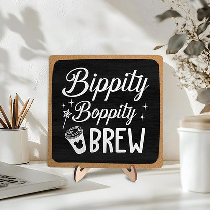 Coffee Bar Sign Plaque Decor,Bippity Boppity Brew Desk Decor for Kitchen,Coffee Bar Accessorie,Cute Wooden Tabletop Plaque, Rustic Farmhouse Shelf Sign for Home or Office Decoration 5.9x5.9Inch (Black)