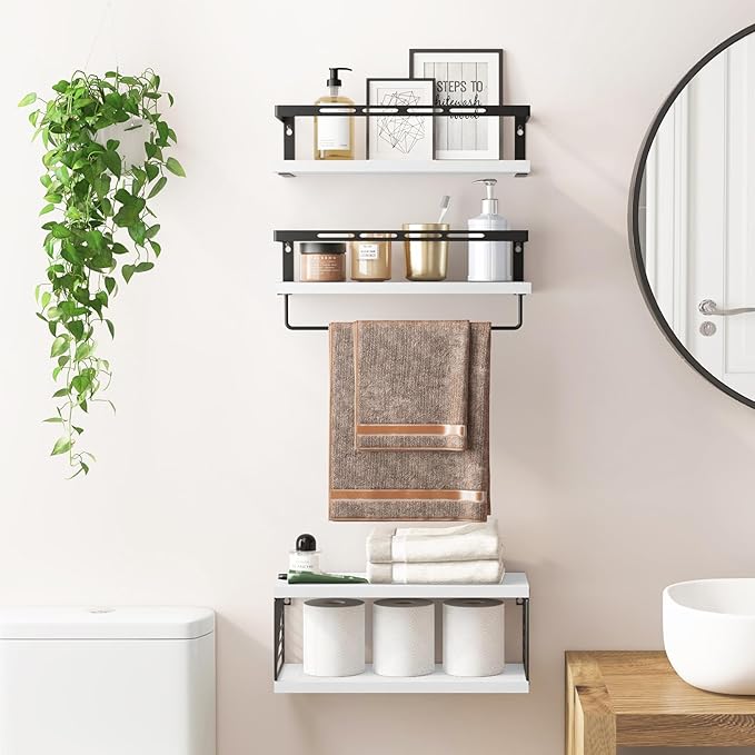 Fixwal Wall Mounted Bathroom Shelves Over Toilet, Rustic Wood Floating Shelves with Metal Frame and Towel Bar for Bathroom, Kitchen, Bedroom, Living Room (White)