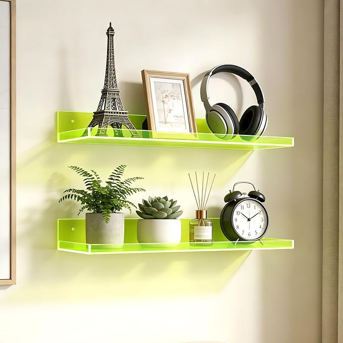 Floating Shelves for Wall Acrylic Wall Shelves for Bedroom Bathroom Living Room Kitchen 16.5X5.5'', Pack of 2, Neon Green