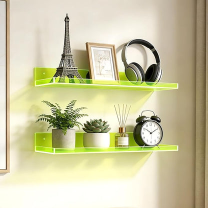 Floating Shelves for Wall Acrylic Wall Shelves for Bedroom Bathroom Living Room Kitchen 16.5X5.5'', Pack of 2, Neon Green