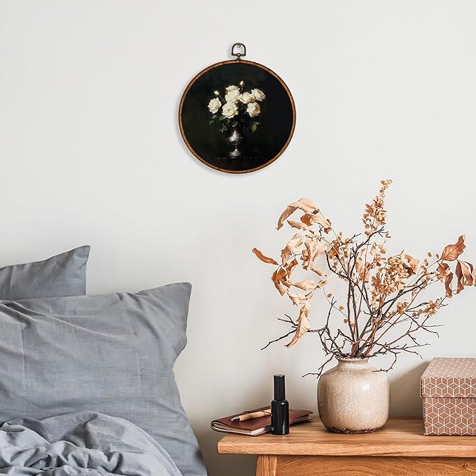 KSDUT Retro Aesthetic White Floral Wall Art Decor - Botanical Neutral Mid Century Modern Dark Wall Art Canvas Frame Hanging Prints, Vintage Landscape Round Wall Art Decor for Home Decorations 10"x10"