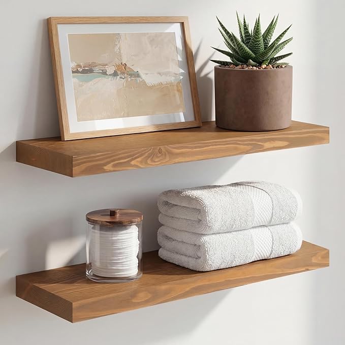 Homeforia 24 inch Golden Oak Floating Shelf, High End Solid Real Wood 24inch Small Floating Shelves for Wall Mounted, Oak Wooden 24in Floating Shelves, Heavy Duty Bracket, 24 X 6.5 X 1.75 in, Set of 2