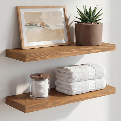 Homeforia 24 inch Golden Oak Floating Shelf, High End Solid Real Wood 24inch Small Floating Shelves for Wall Mounted, Oak Wooden 24in Floating Shelves, Heavy Duty Bracket, 24 X 6.5 X 1.75 in, Set of 2