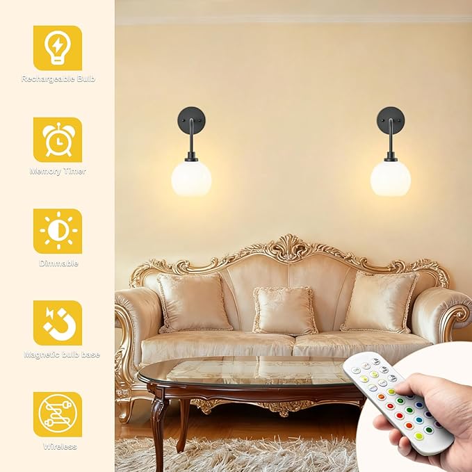 Battery Operated Wall Sconces Set of 2, Black Rechargeable Wireless Wall Lights with Milky White Shade, 12 RGB and 3CCT Dimmable Wall Lamps with Remote for Bedroom Living Room Hallway