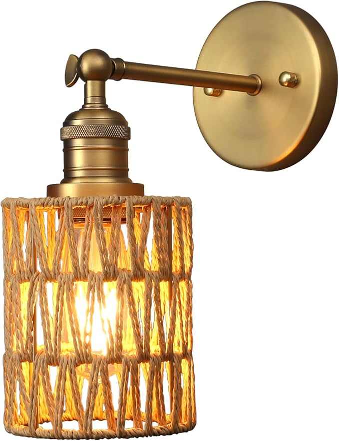 Yosoan Rattan Boho Wrapped Wall Sconce Light, Indoor Hardwired Hand-Woven Farmhouse Vintage Wall Lamps, Brass Handmade Braided Rope Small Straight Shade Wall Mount Fixture for Reading Hallway(Antique)