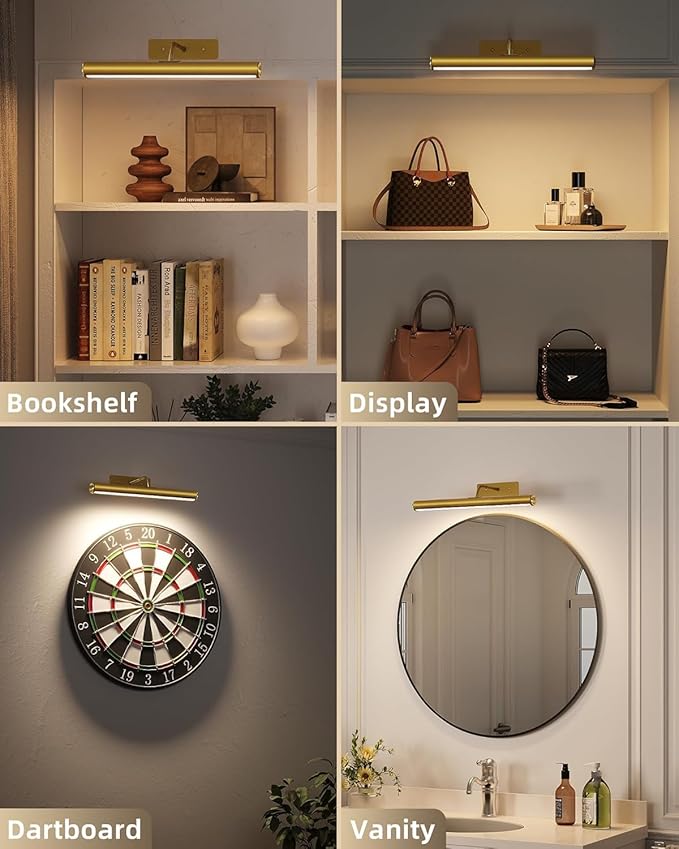 EZVALO 16'' Picture Lights for Wall, Rechargeable 6000mAh Painting Lights with Remote, Wireless Dimmable 3 Color Temperatures Art Lights for Gallery, Living Room, Hallway (Gold, 3 Pack)