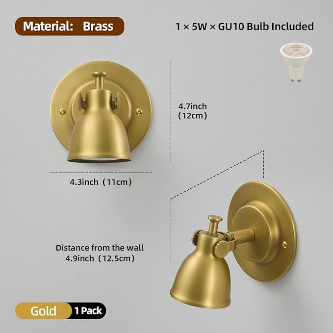 Gold Small Wall Sconce Hardwired Single - Brass Vintage Dimmable Indoor Bell Light Fixture for Bathroom Vanity Bedroom Bedside Reading Hallway Living Room Kitchen Gallery Hall Picture Lamp