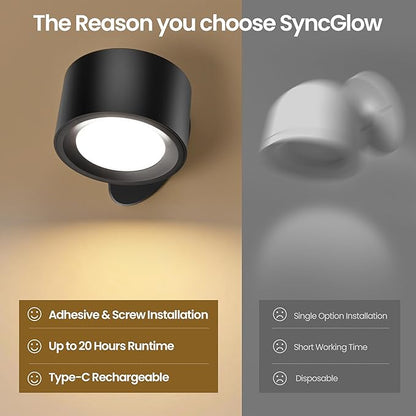 Wall Mounted Lamp LED Wall Lights with Rechargeable Battery Operated, 3 Color Temperatures & 3 Brightness Levels 360°Rotate Magnetic Ball, Cordless Sconces for Bedroom Reading Bedside Black-2 PACK