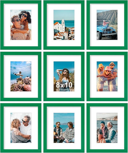 Vittanly 8x10 Picture Frames Set of 9, Shatter Resistant Plexiglass, Display 5x7 Pictures with Mat or 8x10 without Mat, Photo Frames for Wall or Tabletop, Engineered Wood, Green