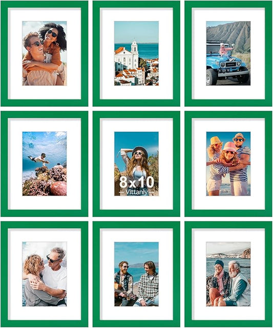Vittanly 8x10 Picture Frames Set of 9, Shatter Resistant Plexiglass, Display 5x7 Pictures with Mat or 8x10 without Mat, Photo Frames for Wall or Tabletop, Engineered Wood, Green