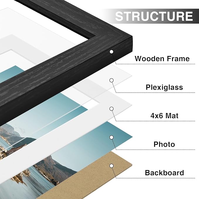 Vittanly 5x7 Picture Frames Set of 9, Display 4x6 Pictures with Mat or 5x7 without Mat, Photo Frames for Wall or Tabletop with Plexiglass, Engineered Wood, Black&Brown&Grey