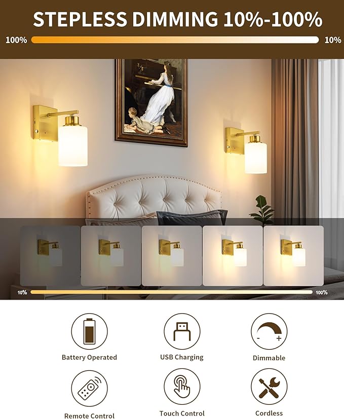 Rechargeable Wall Sconce, Gold Battery Operated Wall Sconce Set of 2 with Timer Function, Easy Install Dimmable Wireless Wall Lamps for Living Room, Bedroom, Hallway, Entryway Decor 3000K