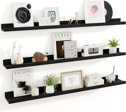 RICHFOCUS Floating Shelves for Wall, 48 inch Solid Wood Picture Ledge Shelf for Wall Storage, Nursery Book Shelves with Lip for Living Room Bathroom Bedroom Kitchen, Set of 3, Distressed Black