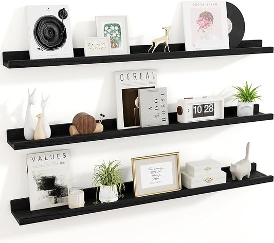RICHFOCUS Floating Shelves for Wall, 48 inch Solid Wood Picture Ledge Shelf for Wall Storage, Nursery Book Shelves with Lip for Living Room Bathroom Bedroom Kitchen, Set of 3, Distressed Black