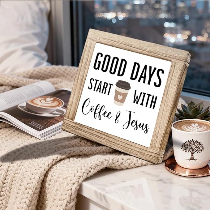 Coffee Sign Decor for Coffees Bar Good Days Start with Coffee & Jesus Wood Farmhouse Wall Sign Inspirational Cafe Bar Decor for Kitchen Home Office Ideal Gift To Christian Coffees Lover 5.9x5.9 Inch