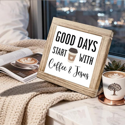 Coffee Sign Decor for Coffees Bar Good Days Start with Coffee & Jesus Wood Farmhouse Wall Sign Inspirational Cafe Bar Decor for Kitchen Home Office Ideal Gift To Christian Coffees Lover 5.9x5.9 Inch