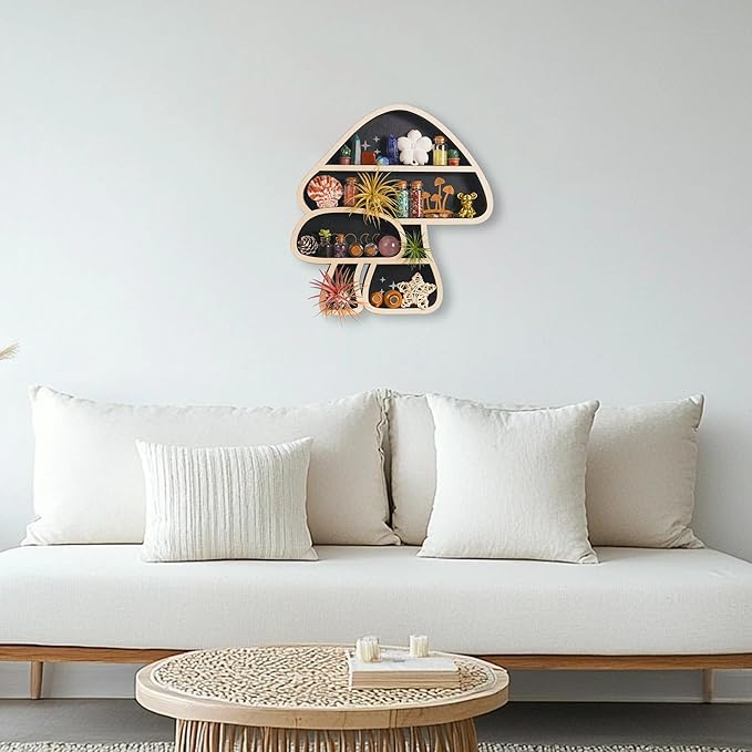 Cute Mushroom Decor, Wooden Floating Mushroom Shelf for Wall, Crystal Display Shelf Rock Gem Stone Display Shelf Wall Mounted