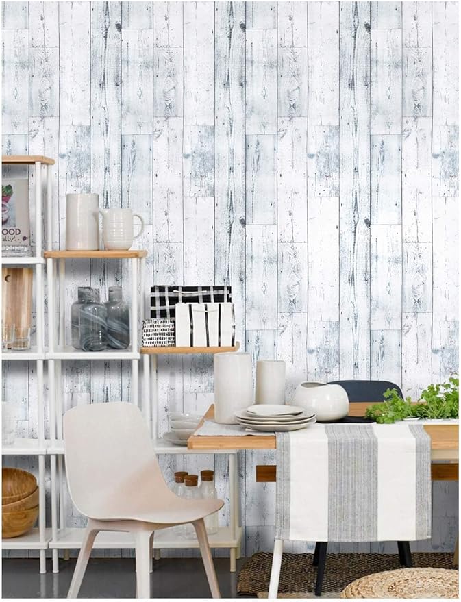 HAOKHOME Peel and Stick Wood Wallpaper Shiplap Light Grey/White/Blue Distressed Wood Plank Removable Shelf Liner Contact Paper 17.7in x 9.8ft