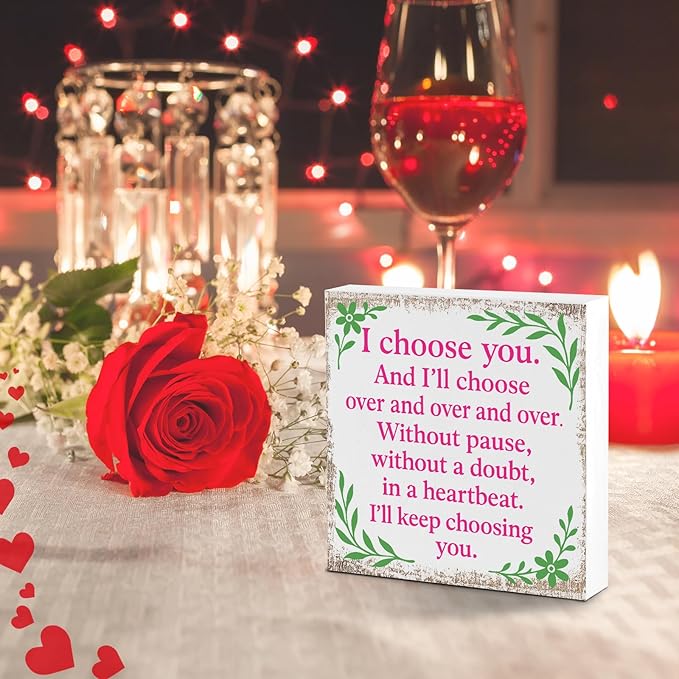 Valentines Desk Decor, Valentine's Day Home Office Table Sign for Wife Daughter from Dad Husband, Valentine Gifts Decorations for Porch Tiered Tray Shelf Party, I Choose You Over and Over