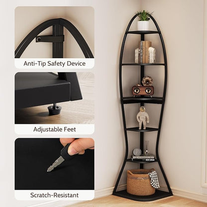 Artistic Fish-Inspired Corner Shelf with LED Lights, 6-Tier Tall Corner Bookshelf with Multi-Depth Display, Space-Saving Storage Unit with Remote Control for Bedroom & Living Room